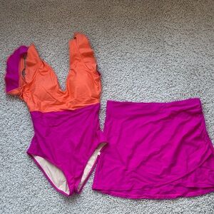 Summersalt Pink and Orange One-Piece Swimsuit 8 LT and matching Medium skirt
